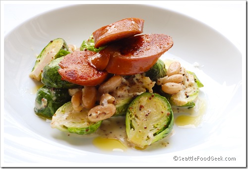 kielbasa with brussels sprouts and white beans